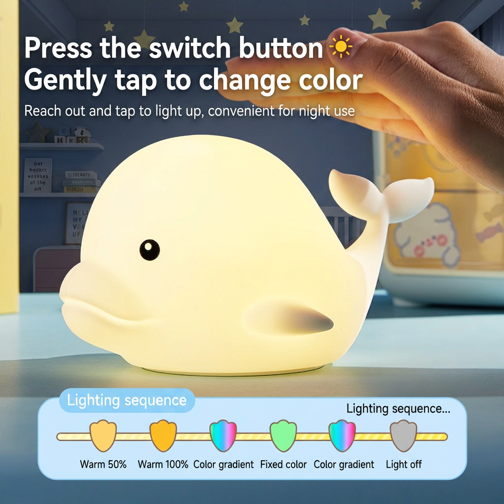 GlowNestJoy Dolphin Tap Light — USB Rechargeable Silicone Night Light, 7 Colors & Touch Sensor
