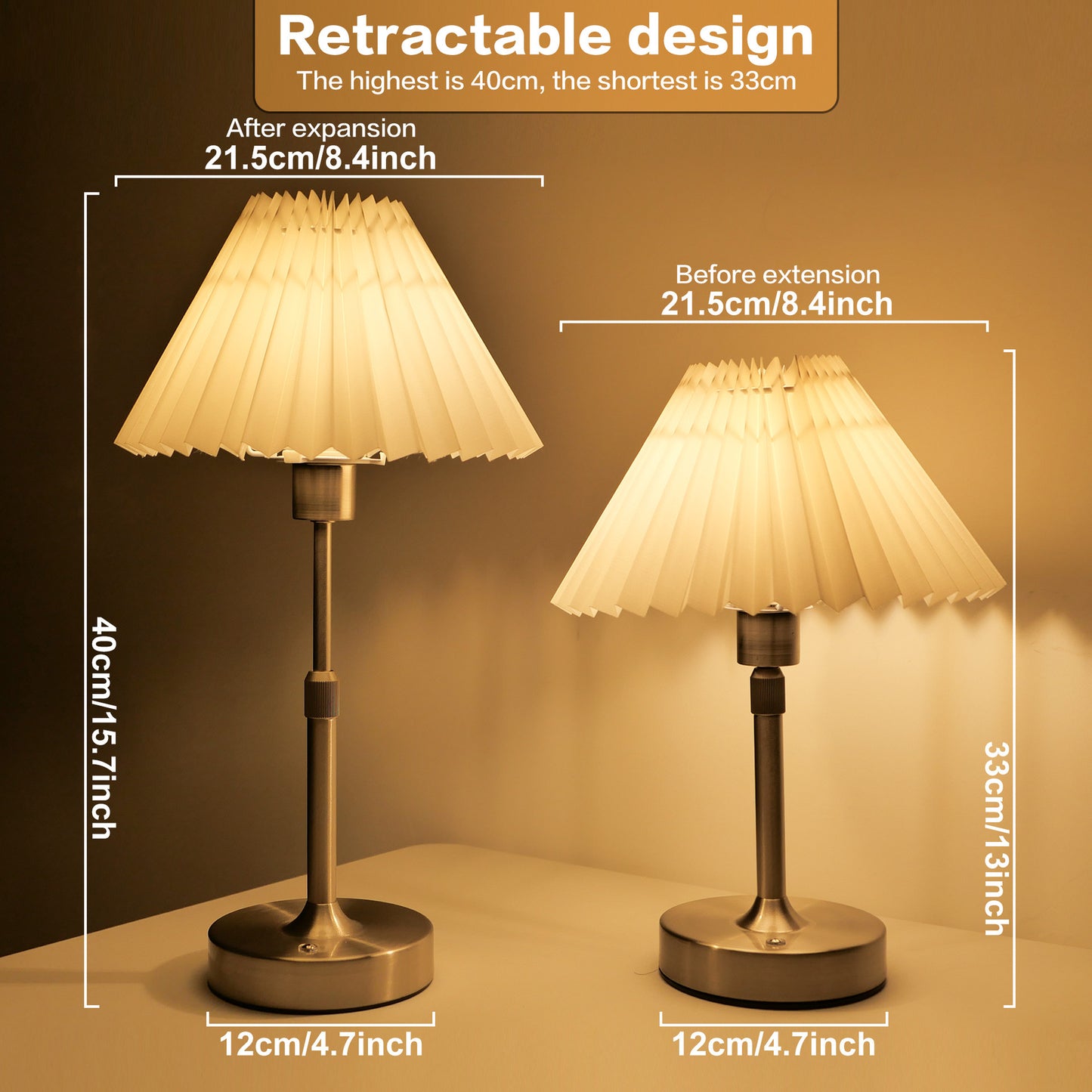 GlowNestJoy Cordless Touch Table Lamp — Pleated Fabric Shade, 5200mAh Battery, USB-C, 3 Brightness Levels