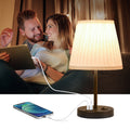 GlowNestJoy USB Charging Pleated Fabric Bedside Lamp — Built-in USB Port, Metal Base