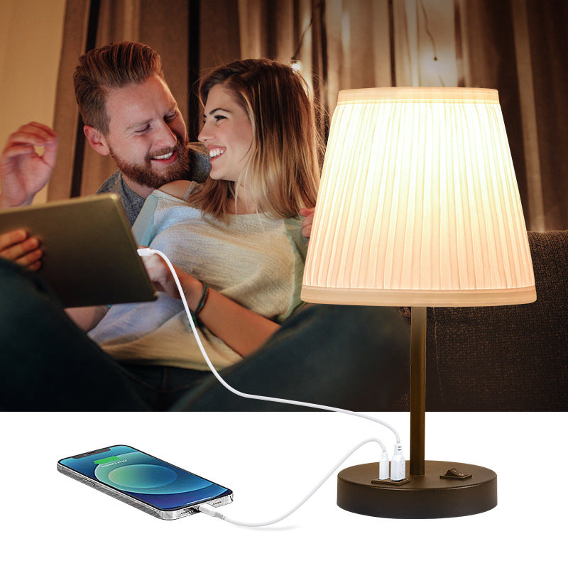 GlowNestJoy USB Charging Pleated Fabric Bedside Lamp — Built-in USB Port, Metal Base