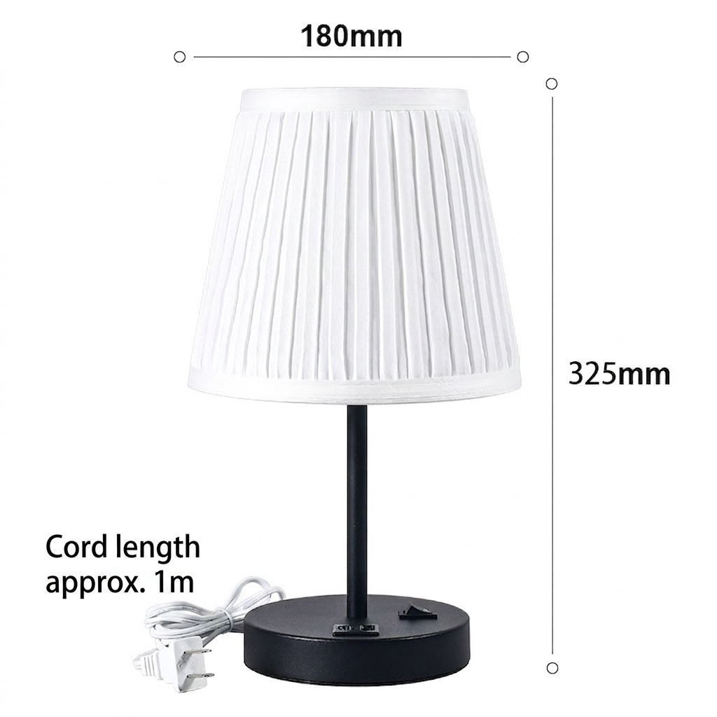 GlowNestJoy USB Charging Pleated Fabric Bedside Lamp — Built-in USB Port, Metal Base