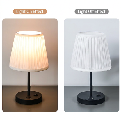 GlowNestJoy USB Charging Pleated Fabric Bedside Lamp — Built-in USB Port, Metal Base