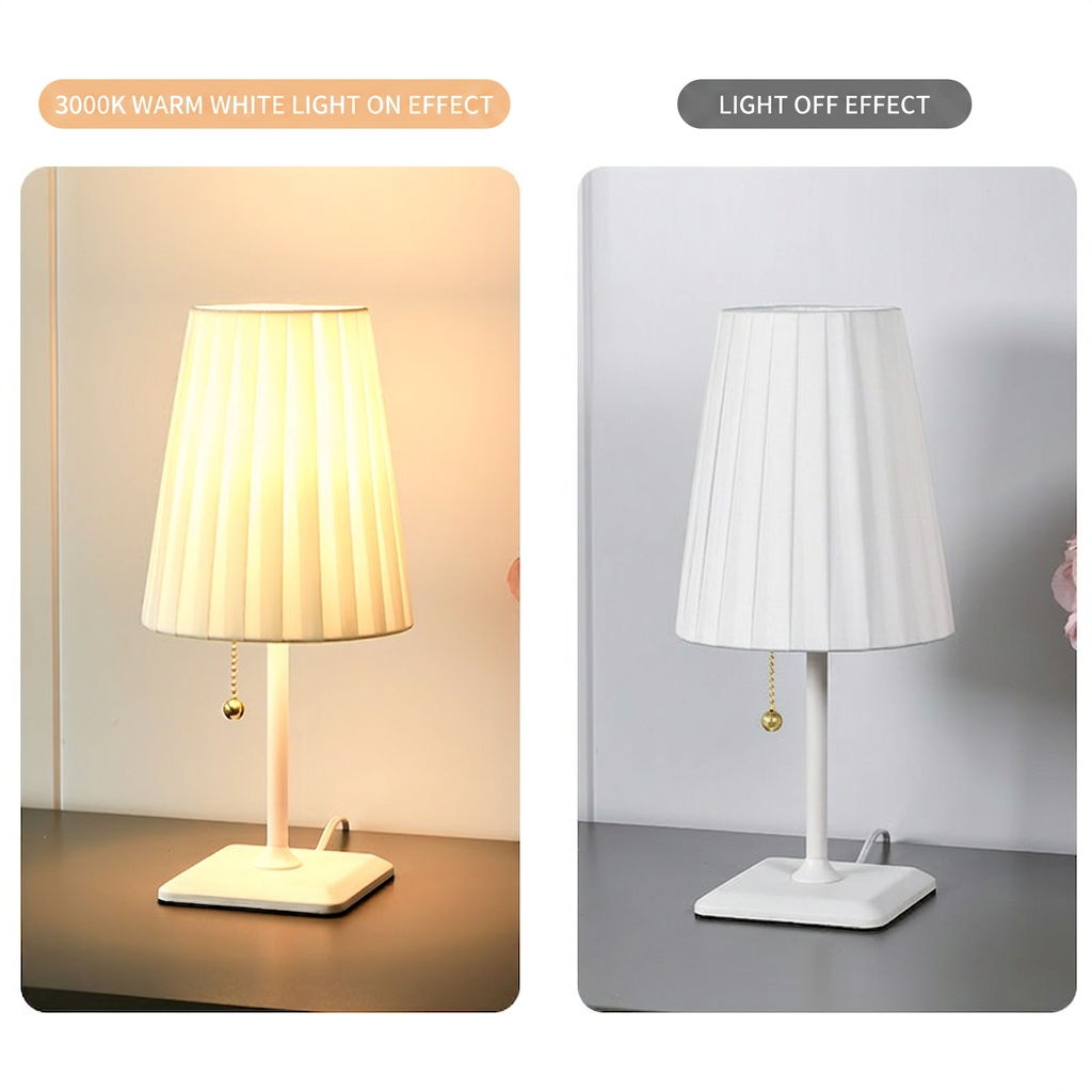 GlowNestJoy USB Charging Pleated Fabric Bedside Lamp — Built-in USB Port, Metal Base