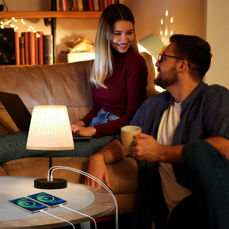 GlowNestJoy USB Charging Pleated Fabric Bedside Lamp — Built-in USB Port, Metal Base