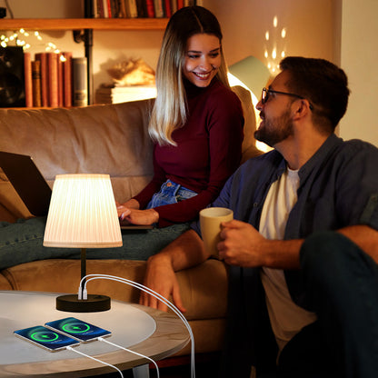 GlowNestJoy USB Charging Pleated Fabric Bedside Lamp — Built-in USB Port, Metal Base