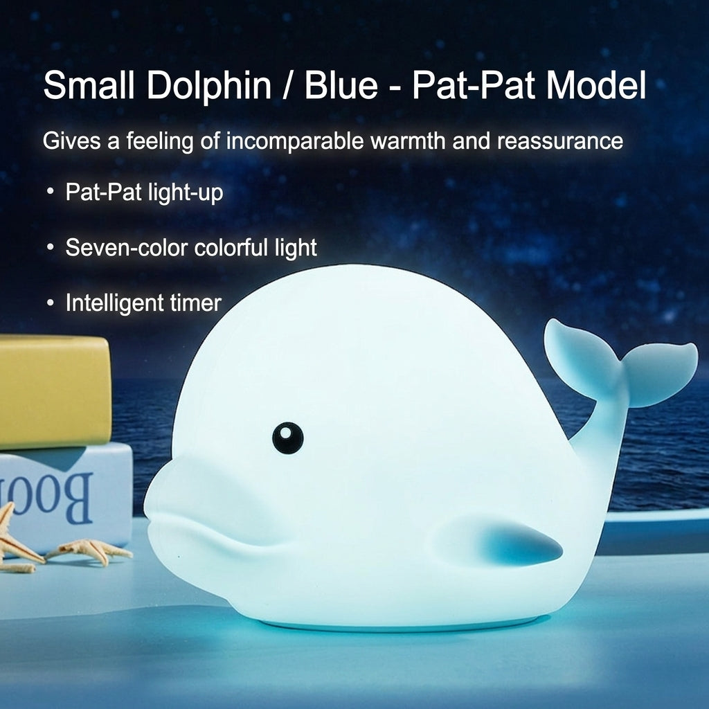 GlowNestJoy Dolphin Tap Light — USB Rechargeable Silicone Night Light, 7 Colors & Touch Sensor