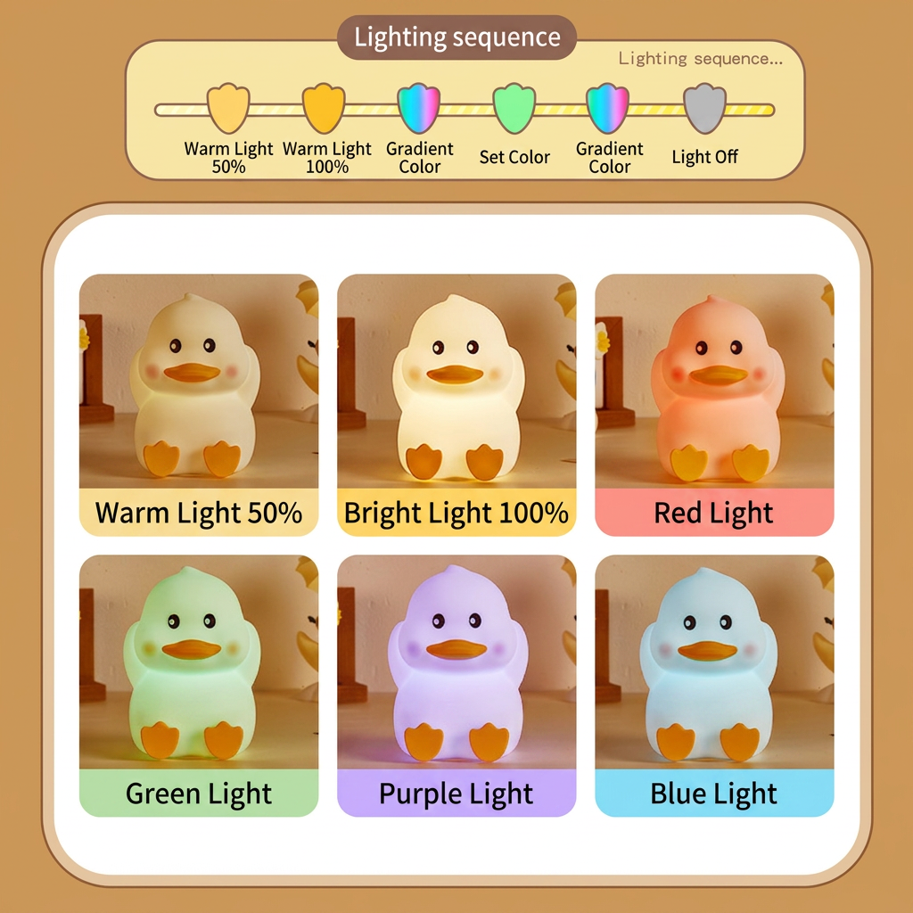 GlowNestJoy Cute Duck Tap Light — USB-C Rechargeable Silicone Night Light, 7 Colors & Sleep Timer