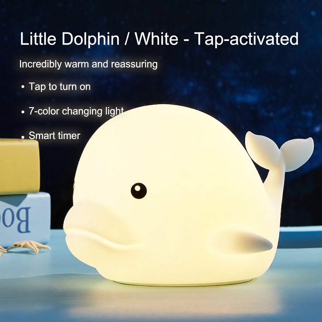 GlowNestJoy Dolphin Tap Light — USB Rechargeable Silicone Night Light, 7 Colors & Touch Sensor