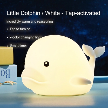 GlowNestJoy Dolphin Tap Light — USB Rechargeable Silicone Night Light, 7 Colors & Touch Sensor