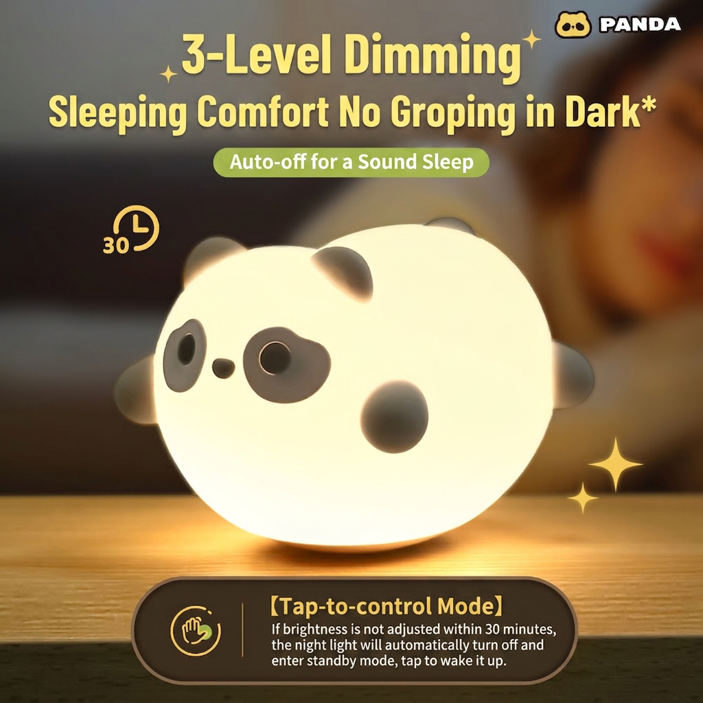 GlowNestJoy Panda Night Light — Baby-Safe Silicone Touch Lamp, USB Rechargeable