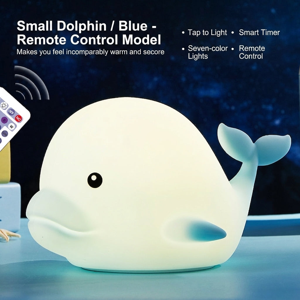 GlowNestJoy Dolphin Tap Light — USB Rechargeable Silicone Night Light, 7 Colors & Touch Sensor