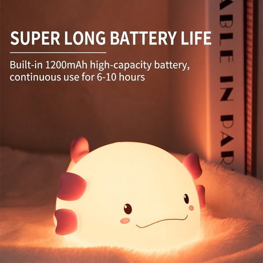 GlowNestJoy Axolotl Tap Light — USB-C Rechargeable Silicone Night Light, 7 Colors & Voice Control