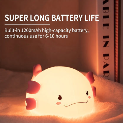 GlowNest Axolotl Tap Light - USB-C Rechargeable Silicone Night Light, 7 Colors and Voice Control