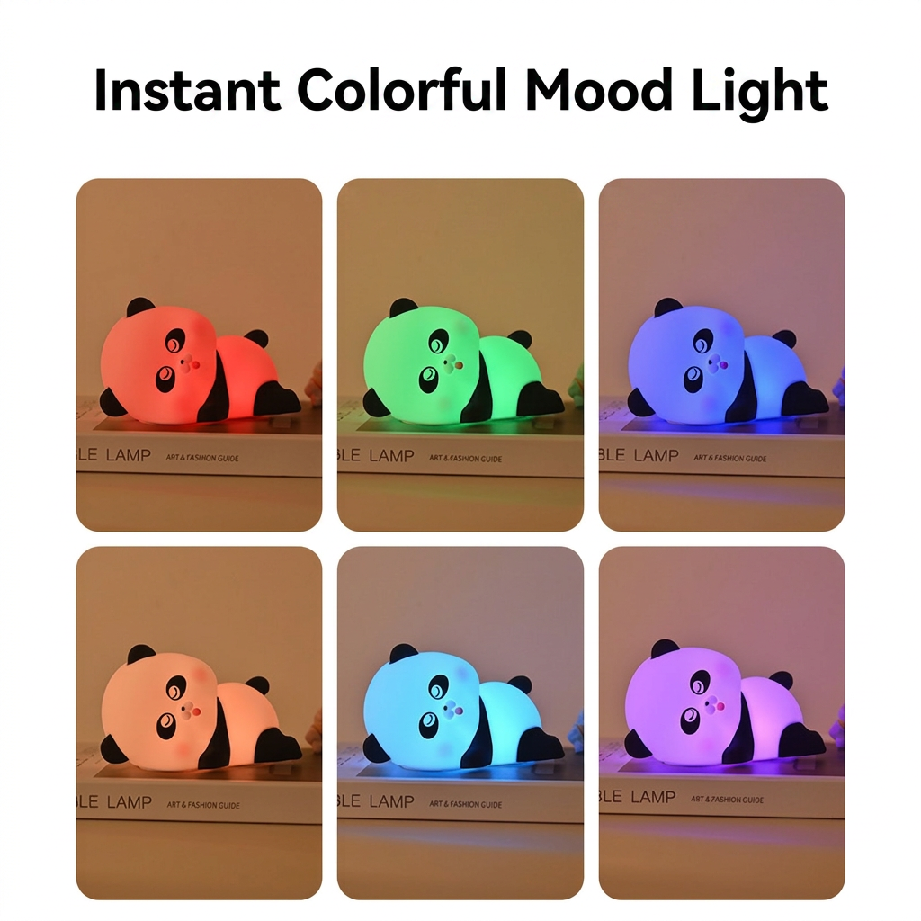 GlowNestJoy Lying Panda Tap Light — USB-C Rechargeable Silicone Night Light, 3-Level Dimming & Sleep Timer