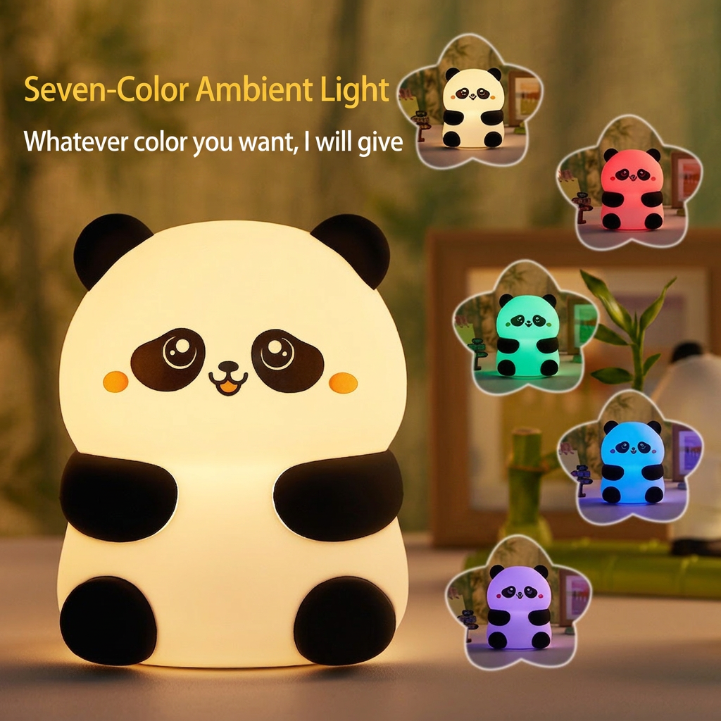 GlowNestJoy Sitting Panda Tap Light — USB-C Rechargeable Silicone Night Light, 3-Level Dimming & Sleep Timer