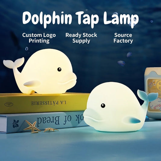 GlowNestJoy Dolphin Tap Light — USB Rechargeable Silicone Night Light, 7 Colors & Touch Sensor