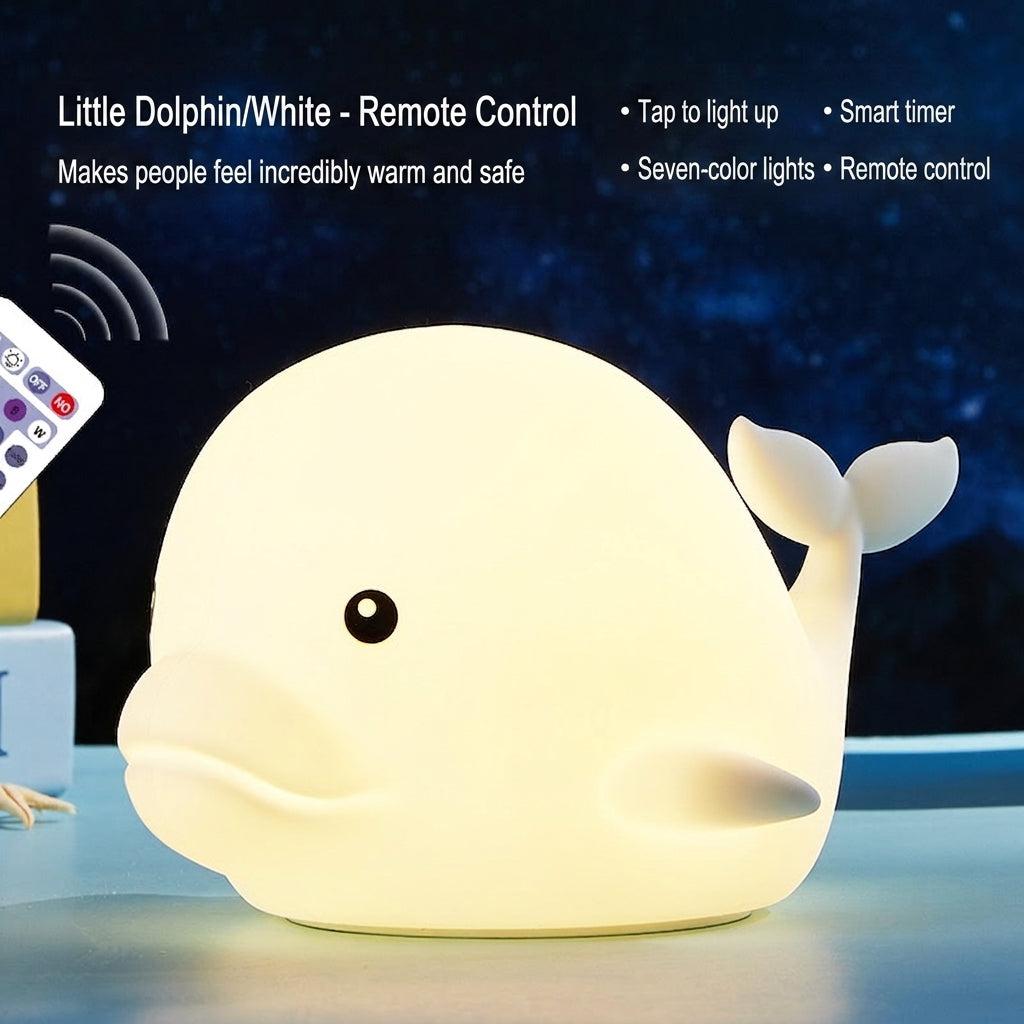 GlowNestJoy Dolphin Tap Light — USB Rechargeable Silicone Night Light, 7 Colors & Touch Sensor