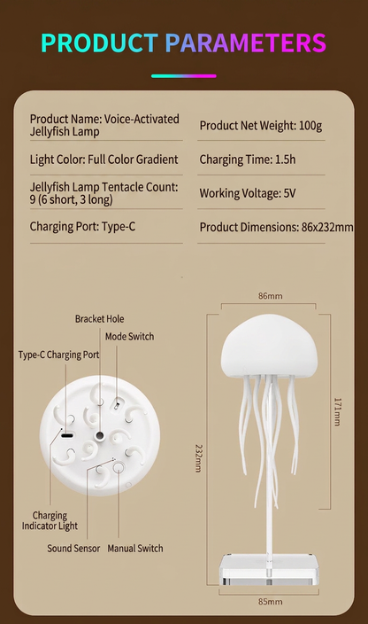 GlowNestJoy JellyGlow Sound-Activated Floating Jellyfish Night Light — 16 Colors, Touch & Voice Control