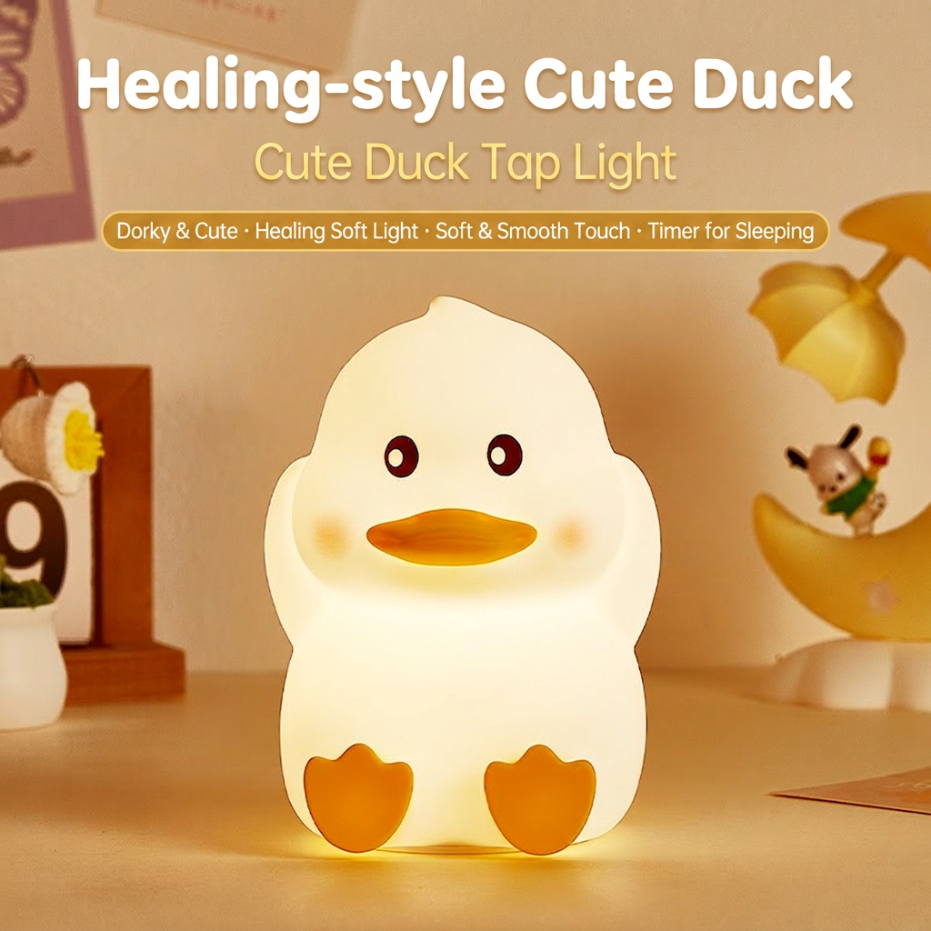 GlowNestJoy Cute Duck Tap Light — USB-C Rechargeable Silicone Night Light, 7 Colors & Sleep Timer