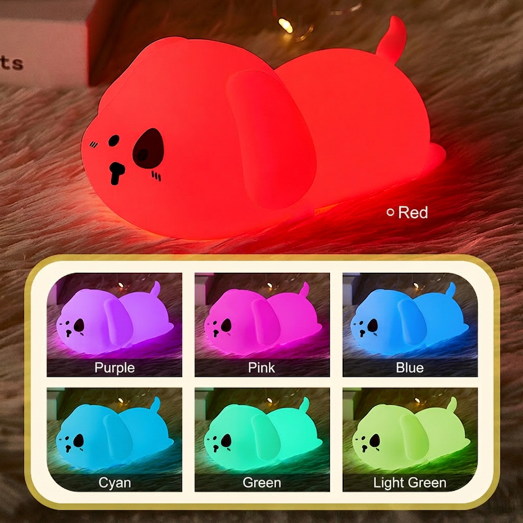 GlowNestJoy Puppy Night Light — 7-Color Silicone Touch Lamp with Auto Timer